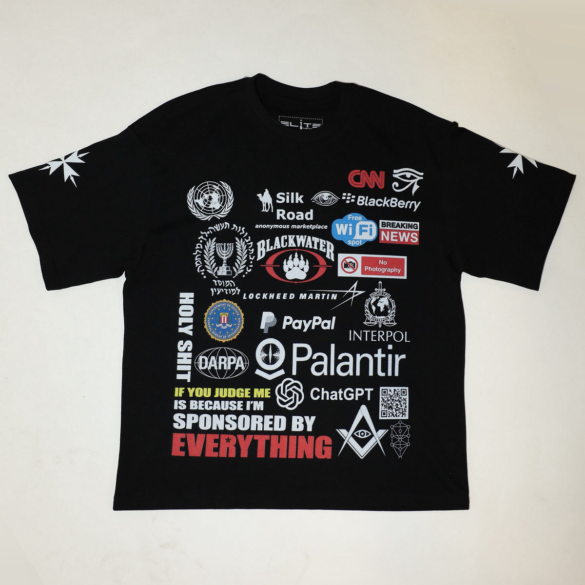Sponsored by Everything black graphic T-shirt, front flatlay with the full collage print and white Elite crosses on both sleeves.