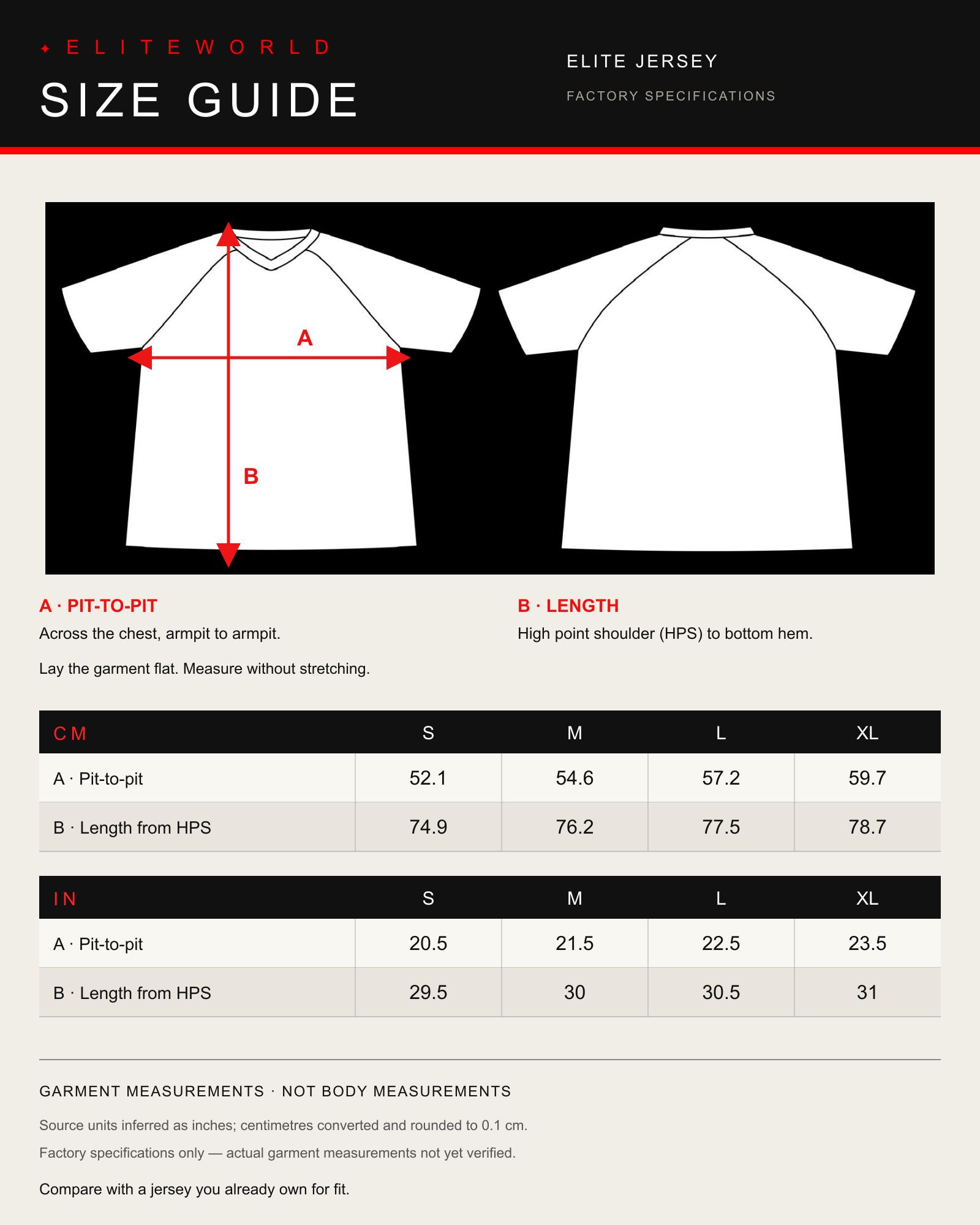 ELITE JERSEY size guide